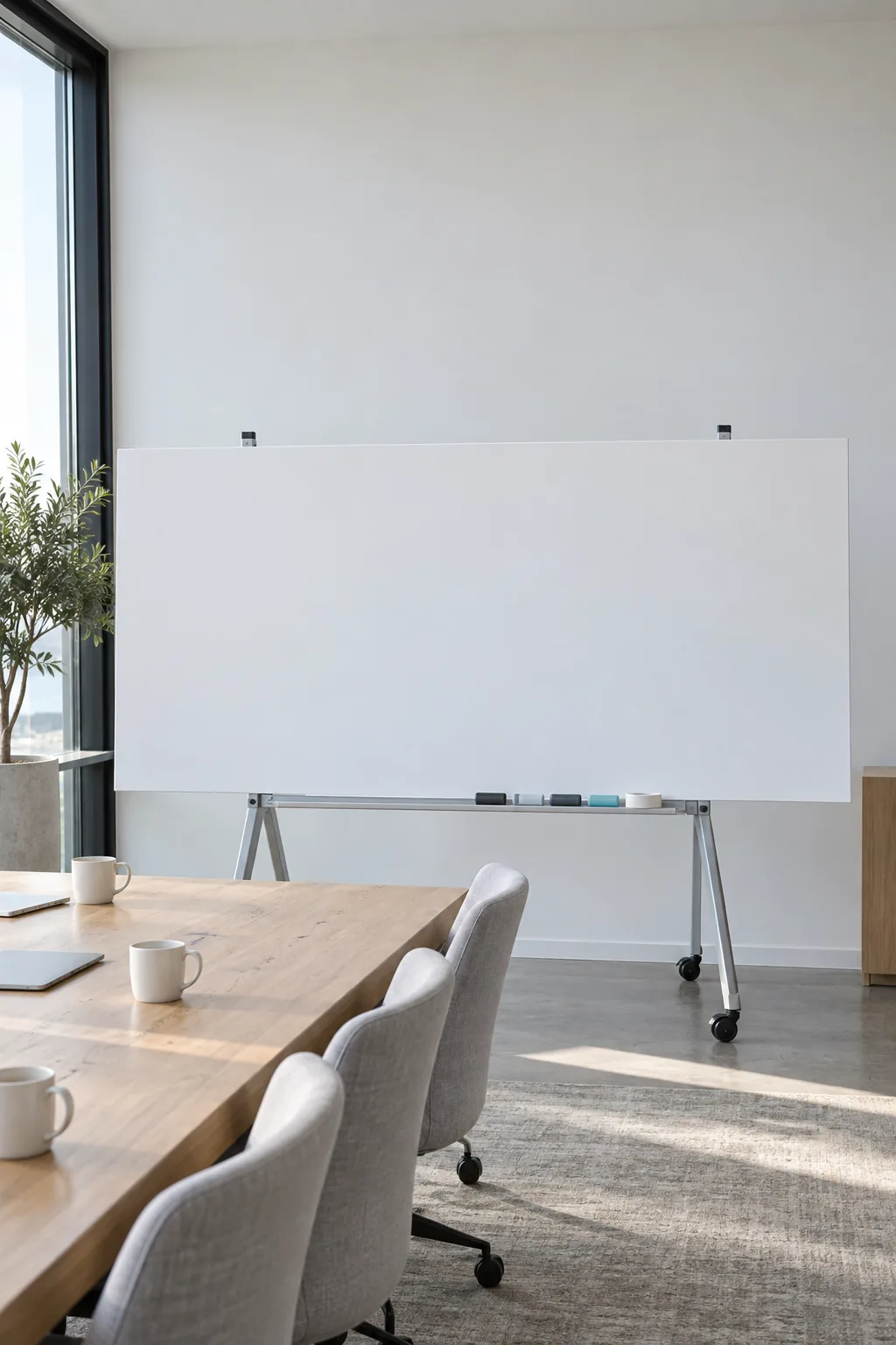 A blank white board on an easel in an empty meeting room, markers on the tray.