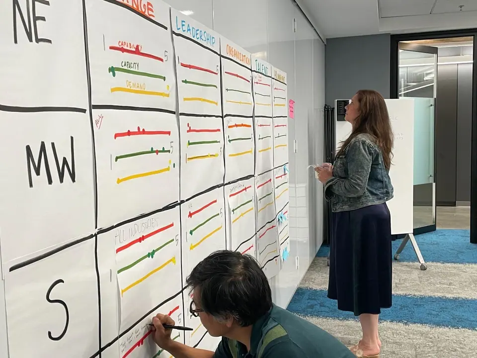 Two business professionals using visual notes for a workshop.