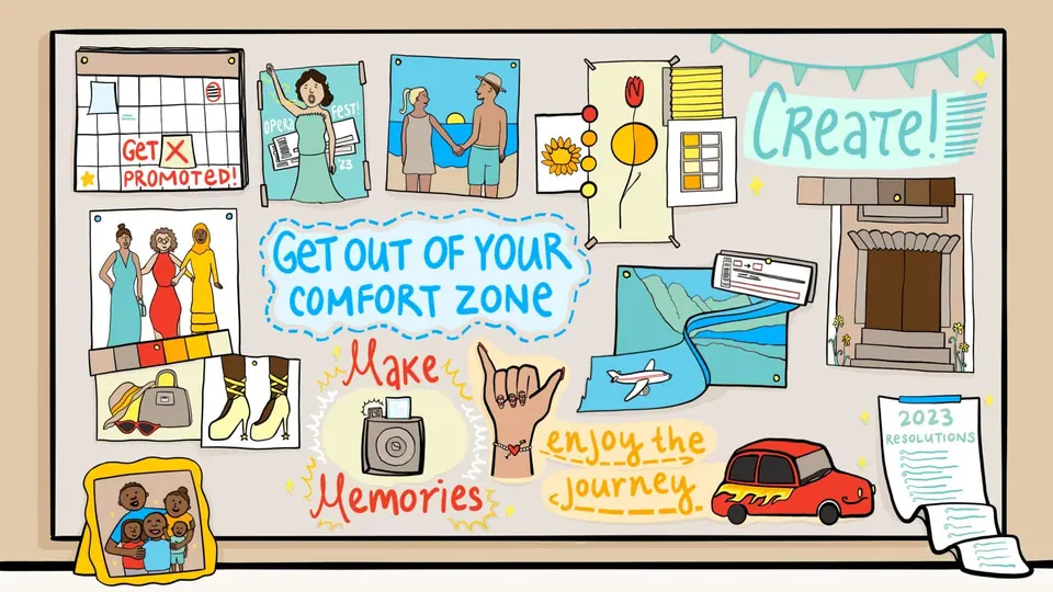 A vision board contains different mediums that reflect the experience, feelings, and possessions you wish to attract in your life.