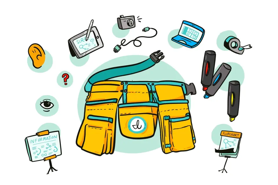 A graphic facilitator's toolbelt containing common graphic facilitation tools.