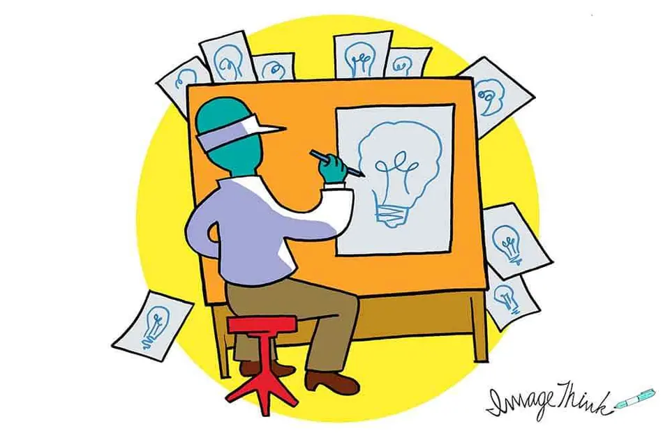 ImageThink graphic recording. Man at drawing board, attack ideas from different angles.