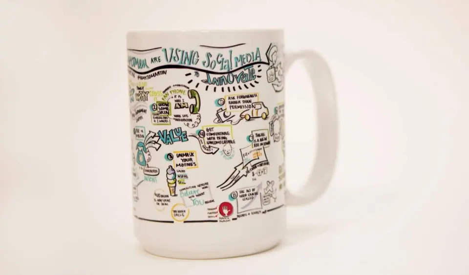 A branded mug that has been printed with visual notes for team recognition.