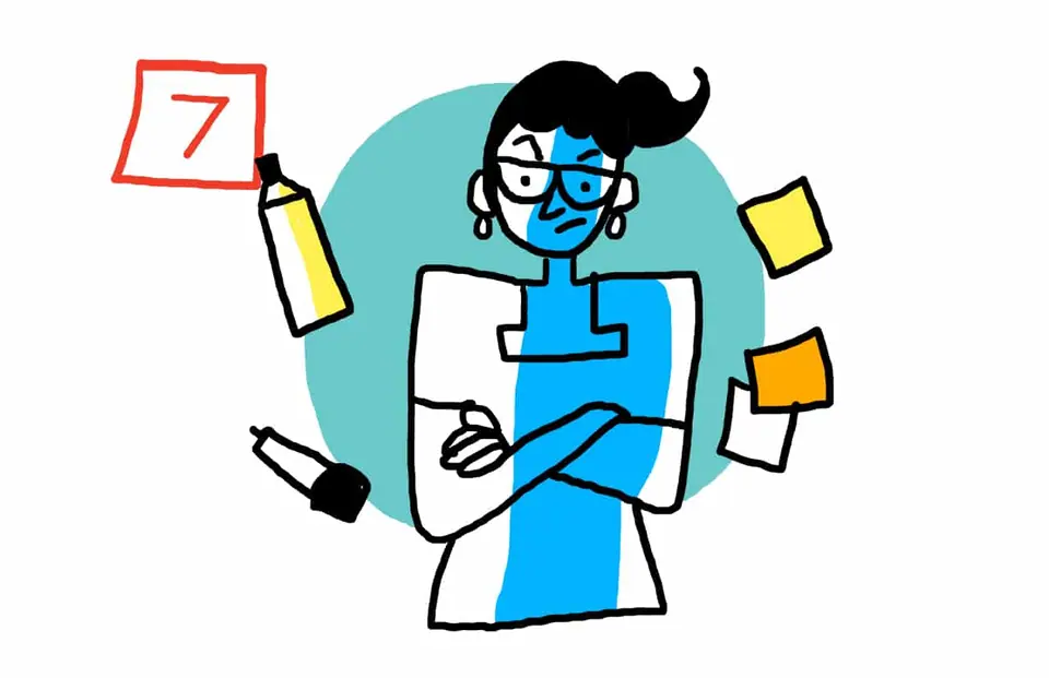 7 ways to know your strategy session will fail cartoon for blog post by New York graphic recording firm, ImageThink. You don't have an appointed facilitator. Angry woman with crossed arms. Markers and post it notes floating around her.
