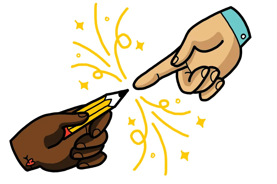 ImageThink illustration of two hands, one belonging to a graphic recorder showing the power of the pencil.