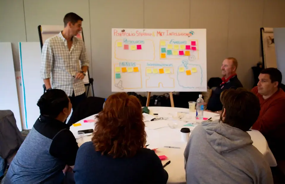 A facilitator uses a visual board to guide a team onboarding discussion.