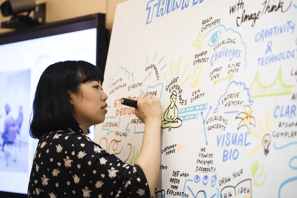 ImageThink sketchnoter creating a live visual summary at a corporate event.