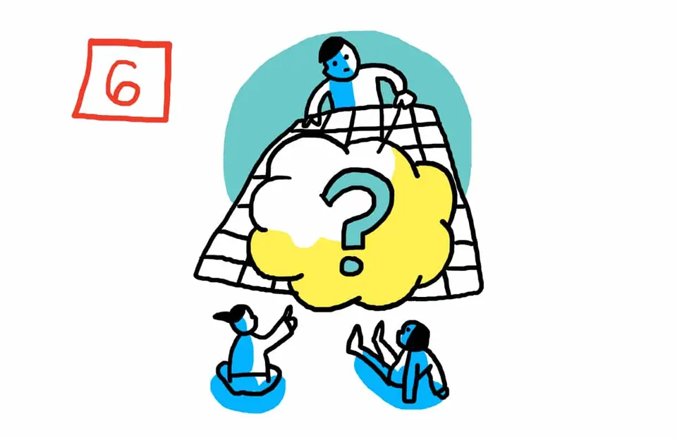 7 ways to know your strategy session will fail cartoon for blog post by New York graphic recording firm, ImageThink. Insights, what insights? People walk away from the meeting confused and without direction. Attendees look at a big question mark on a board.