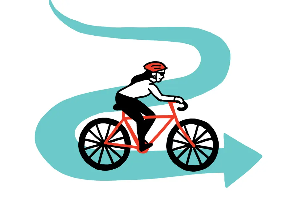 Illustration of girl riding bicycle on winding road with arrow at the end