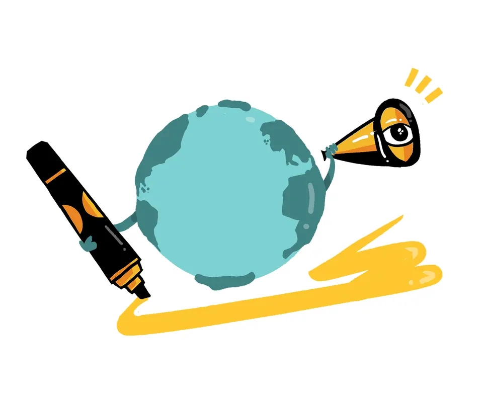 An illustration or logo of visual leadership: a globe holding a pen while looking out a binocular lens.