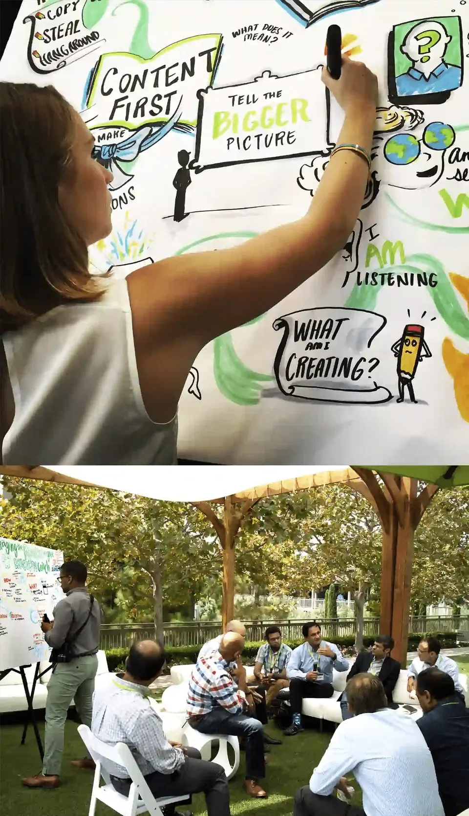 An artist adding to a mural during a workshop, using visual note taking live.
