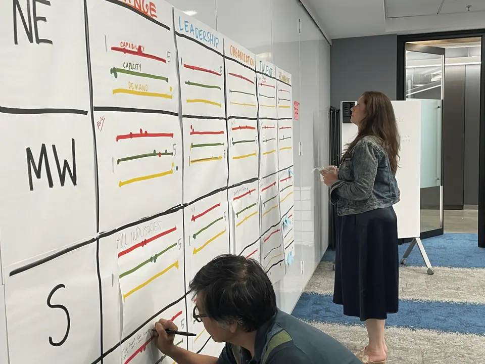 Facilitator maps roadmap work on a wall chart, using visual note taking with the team.