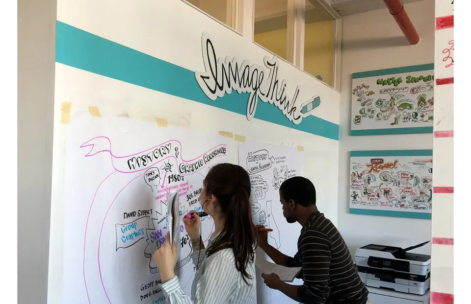 ImageThink visual strategists practicing graphic recording skills during immersive training