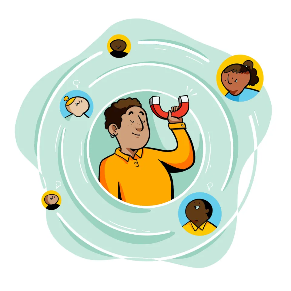 ImageThink icon for compelling audiences - an individual holding a magnet while others gravitate around and toward them.