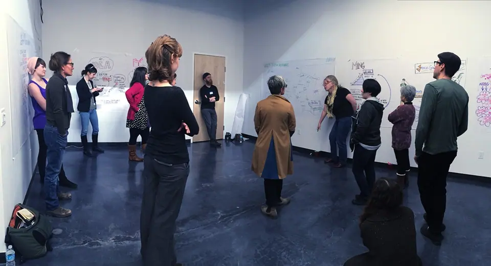 Trainees practice deep listening during ImageThink graphic recorder training.