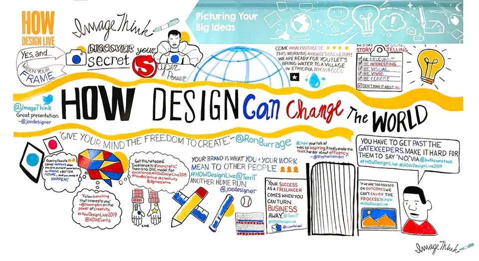 Graphic facilitation board with sketchnotes and illustrations at HOW Design Conference.