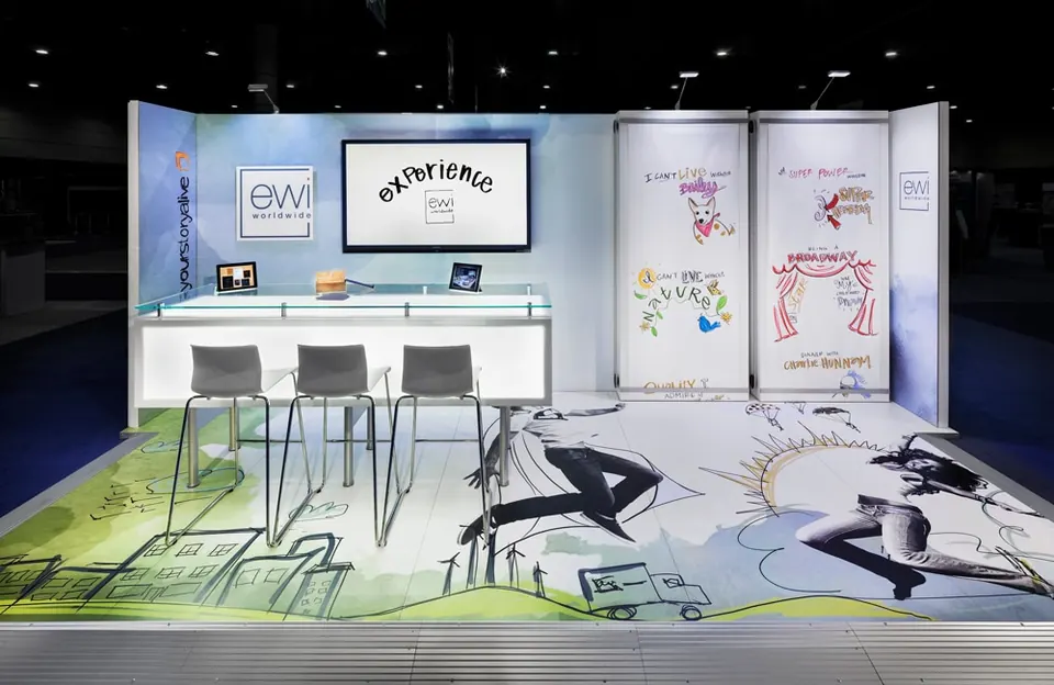 EWI trade show booth with an ImageThink social listening mural at a glance.