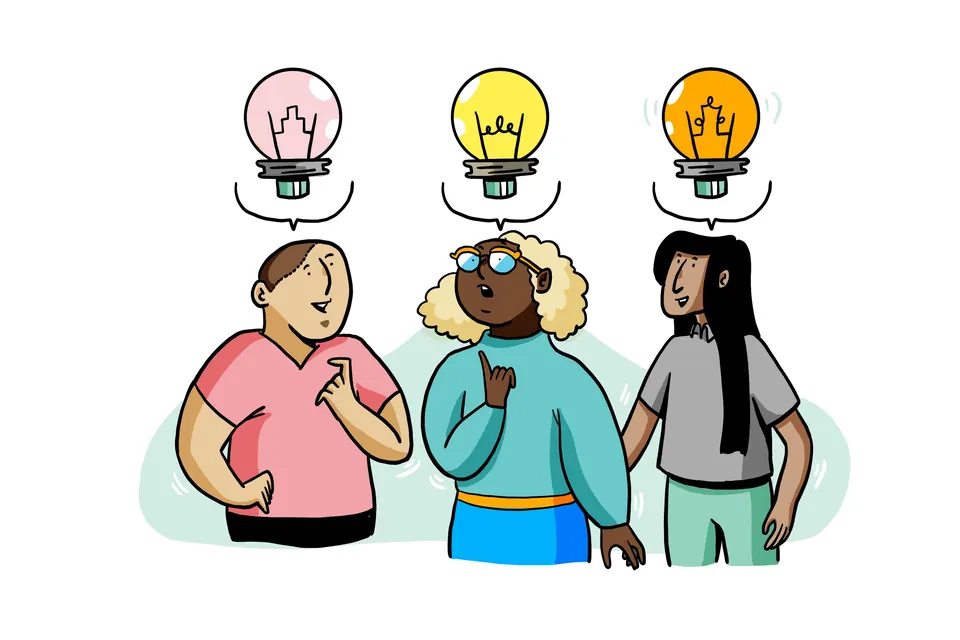 Drawing of three people brainstorming with light bulbs above their heads