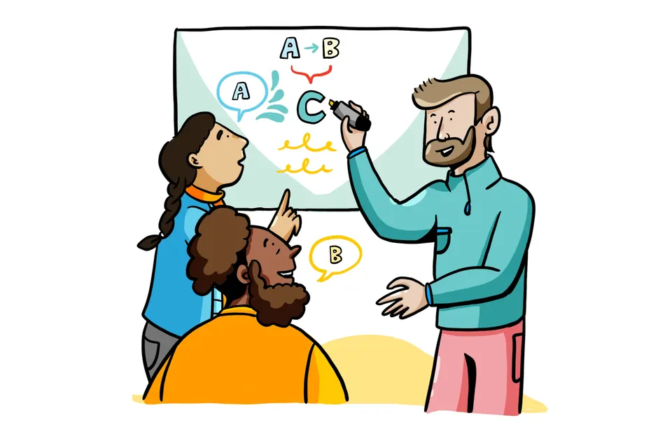 Drawing of a visual strategist facilitating two people at a whiteboard