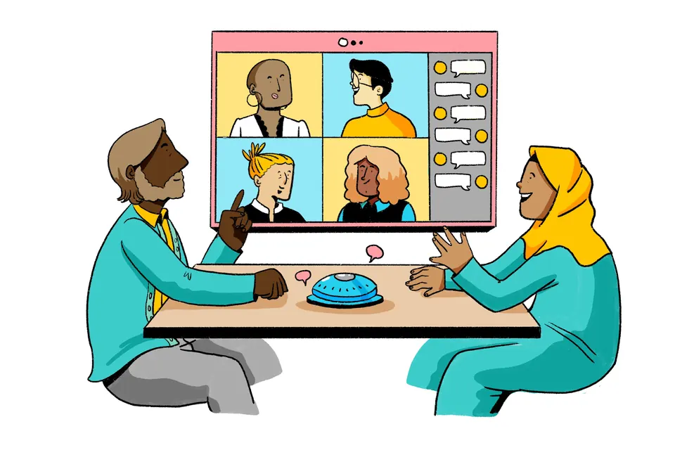 Drawing of two people in a room with remote colleagues on a screen