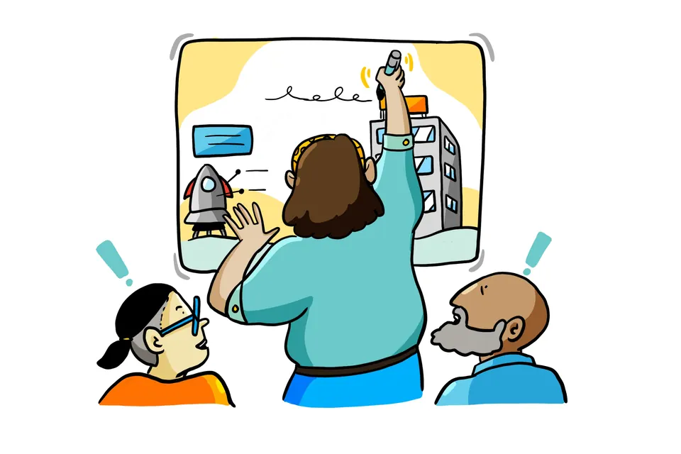 Drawing of an artist at a board with people watching