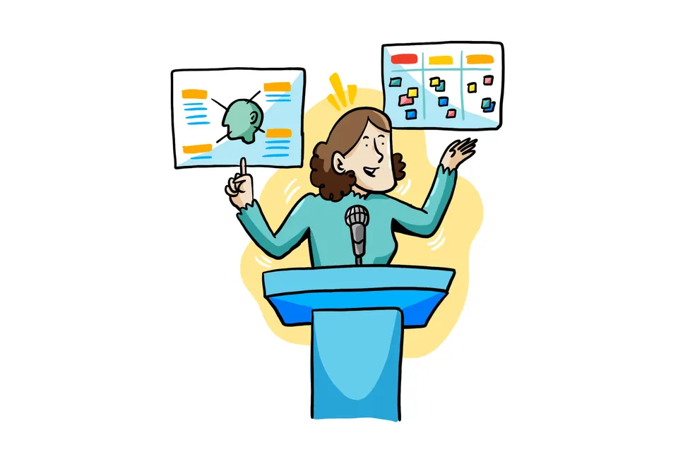 Drawing of a speaker at a podium using visuals