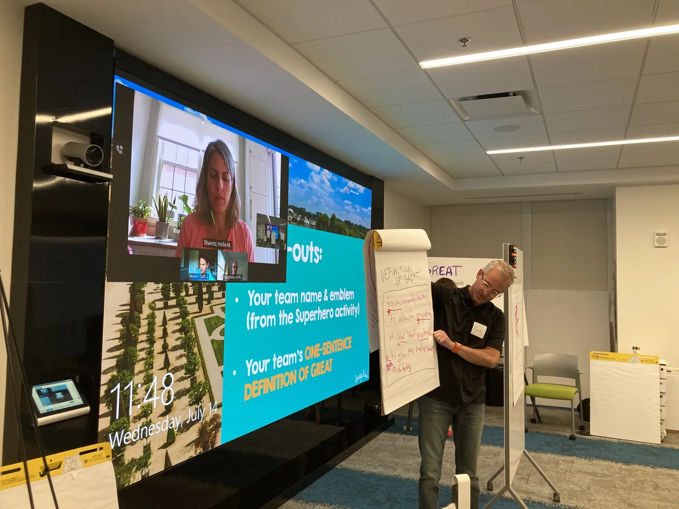 An ImageThink facilitator shows visual notes to a remote attendee on a large screen at a hybrid meeting.