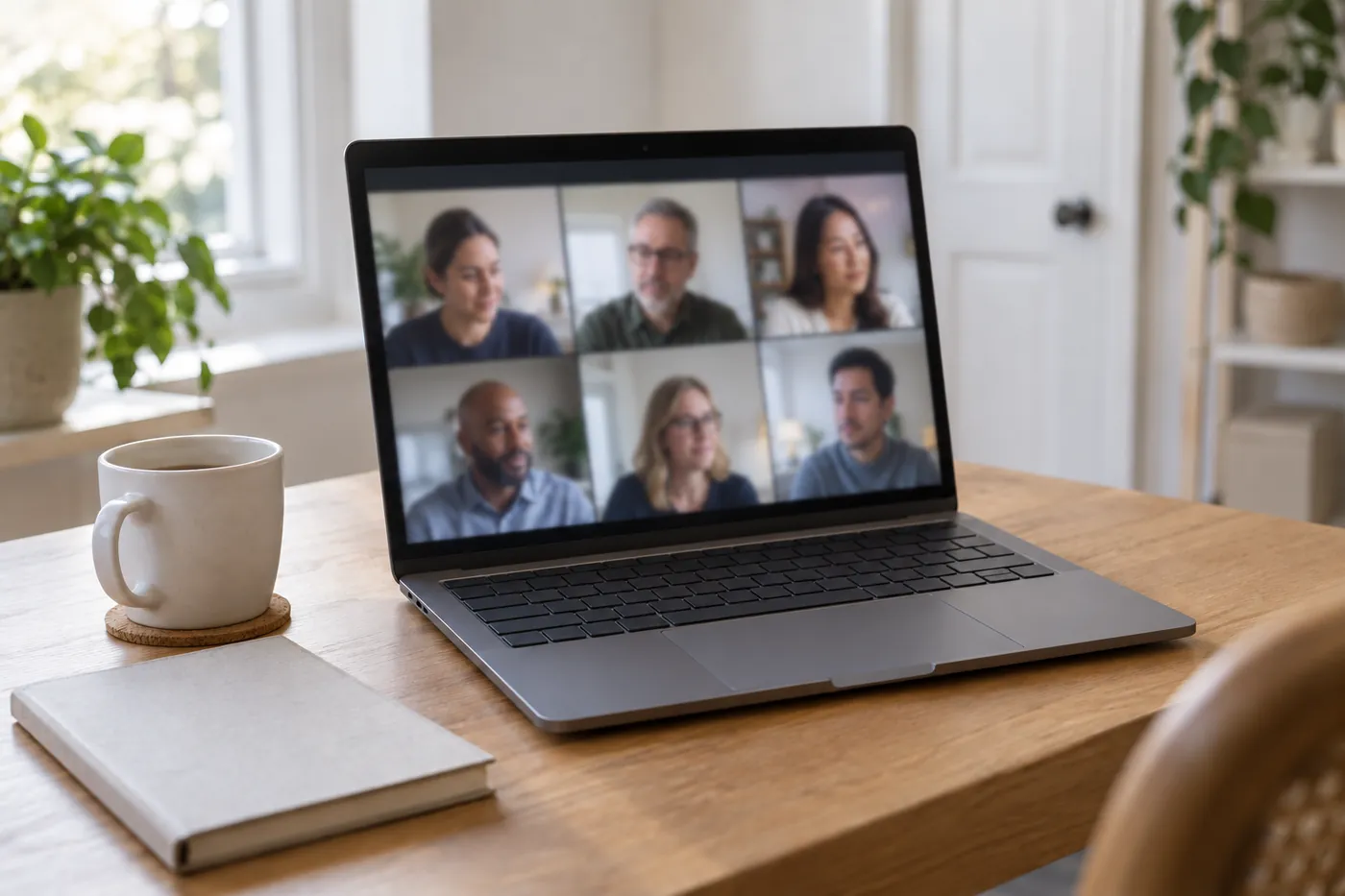 A laptop on a home office desk showing a video call with six colleagues.