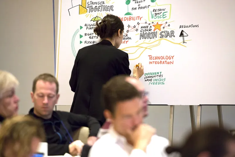 An ImageThink artist draws the plan on a large board while a leadership team works at the tables.